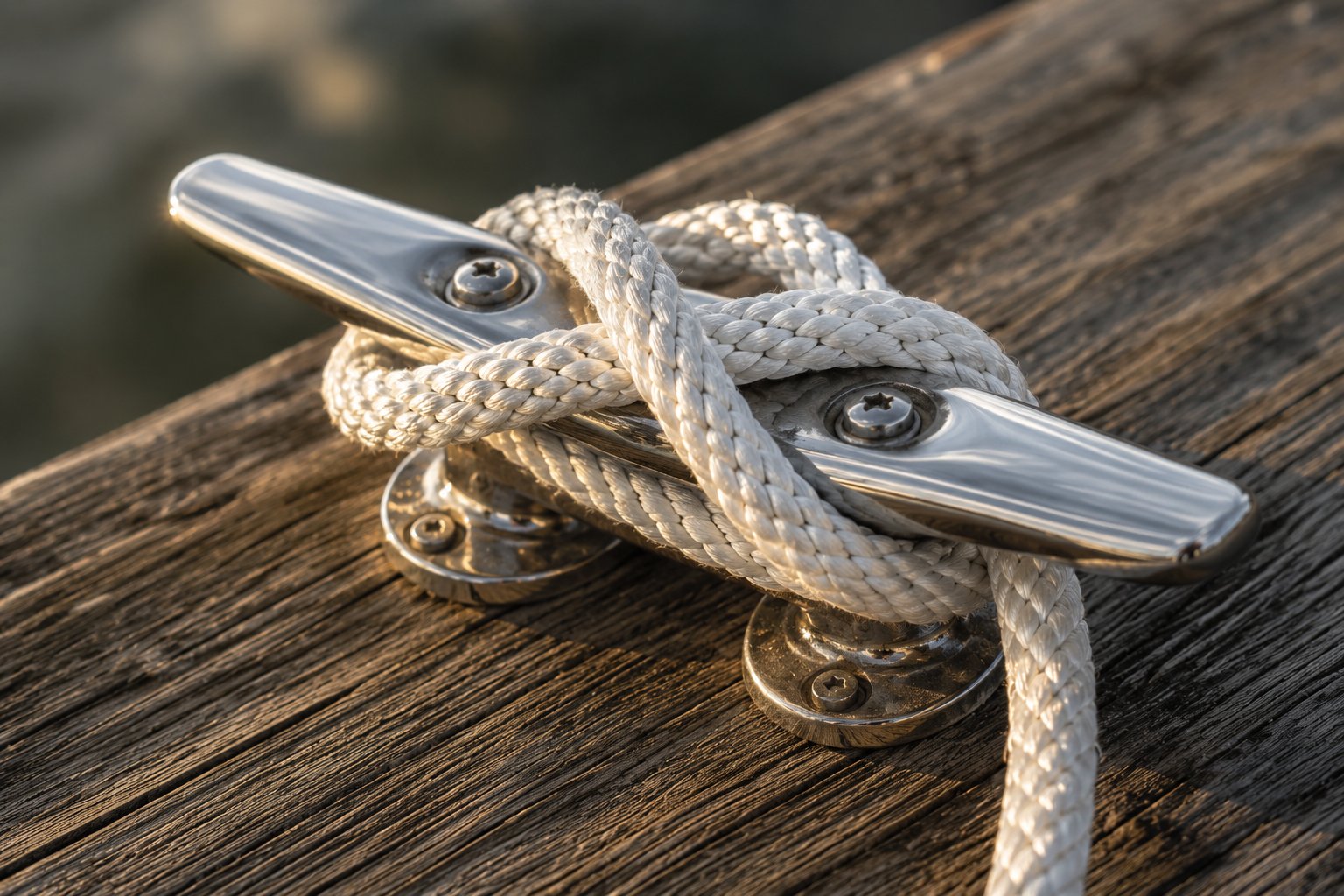 Polished chrome cleat with dock line, golden hour